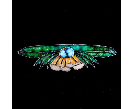 An Arts and Crafts turquoise mother-of-pearl and enamel brooch, unmarked silver settings, brooch length 68.6mm, 19.9g, in Elk