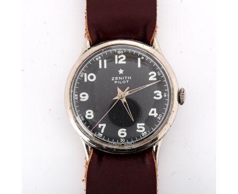 ZENITH - a Second World War Period stainless steel Pilot mechanical wristwatch, circa 1940s, black dial with Arabic numerals 