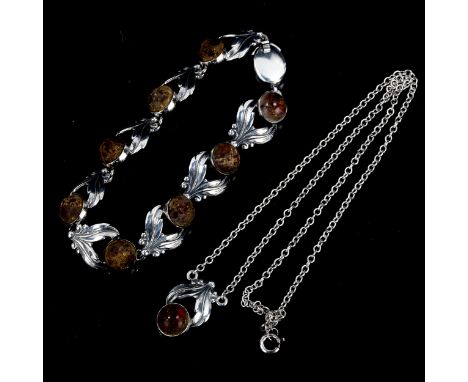 NIELS ERIK FROM - a Vintage Danish stylised sterling silver and amber matching pendant necklace and bracelet set, pendant hei