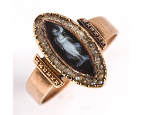 A Victorian marquise hardstone cameo and pearl cluster ring, unmarked gold settings with relief carved hardstone, setting hei