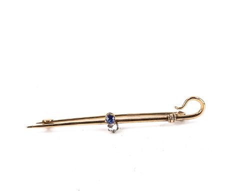An Antique sapphire and diamond shepherd crook brooch, set with round-cut sapphire and rose-cut diamond, unmarked gold settin