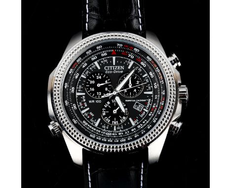 CITIZEN - a stainless steel Ec0o-Drive perpetual calendar quartz chronograph wristwatch, ref. E820-R009125, black dial with 3