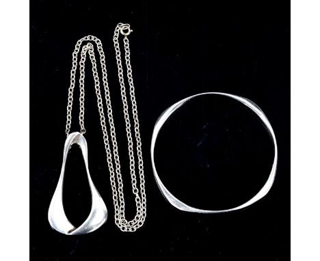 HERMANN SIERSBOL - a large Danish stylised sterling silver openwork pendant necklace, and BENT POULSEN - a silver bangle, pen