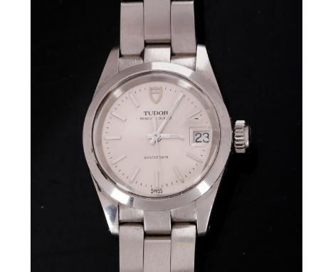 TUDOR - a lady's stainless steel Princess Oysterdate quartz bracelet watch, ref. 85000, silvered dial with baton hour markers