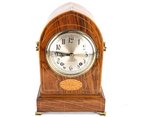 An Edwardian rosewood 'Ting-Tang' 8-day lancet-top mantel clock, by Winterhalder & Hofmeier, silvered dial with Arabic numera