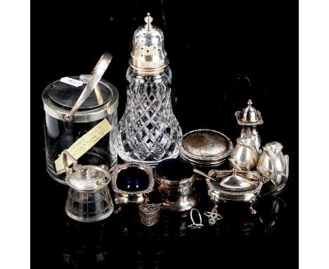 Various silver and plate, including glass sugar caster, cruets, jewel box etcTulip pepperettes are the only silver plated ite