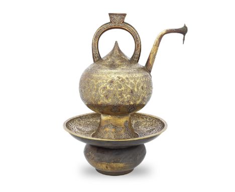 An Ottoman gold and silver damascened brass ewer and basin Balkans, possibly Bosnia, late 19th Centurythe ewer of compressed 