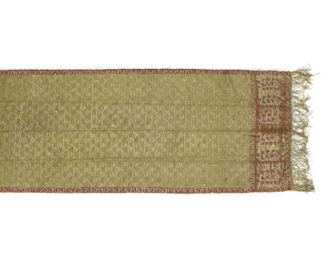 A Mughal silk belt (patka) with tiger stripe (bubri) decoration North India, 18th Centuryof rectangular form, woven in green,