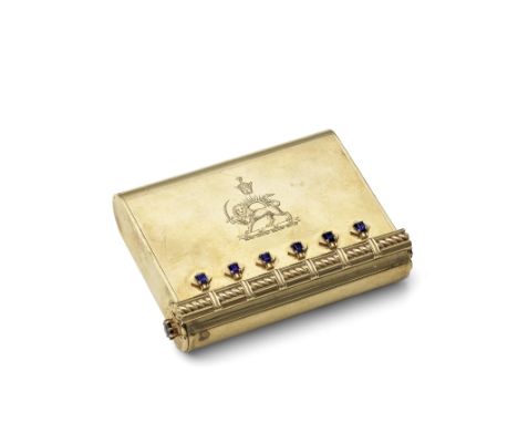 A Cartier sapphire-set gold cigarette box with the Pahlavi lion and sun motif, from the collection of Her Imperial Highness P