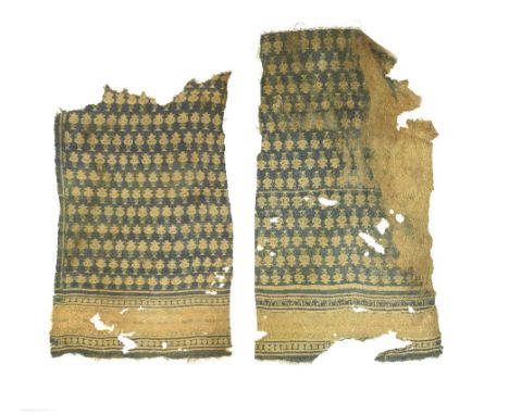 Two woven silk fragments Middle East, 11th/ 12th Centuryeach of irregular form, woven in blue and polychrome silks with a rep