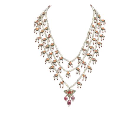 An Indian gem-set enamelled gold necklace India, 20th Centurycomprising three strings of pearls (untested for natural origin)