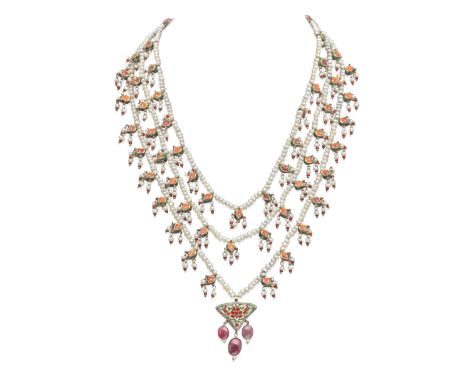 An Indian gem-set enamelled gold necklace India, 20th Centurycomprising three strings of pearls (untested for natural origin)