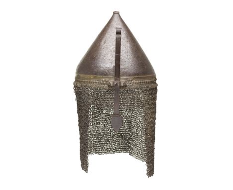 An Ottoman gold-damascened steel helmet Turkey, 16th Century and laterthe conical steel skull rising to a button finial cut w