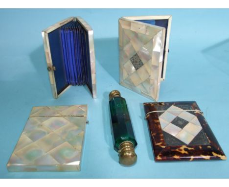 A rectangular silver-mounted mother-of-pearl card case, two other mother-of-pearl-covered card cases, a tortoiseshell and sil