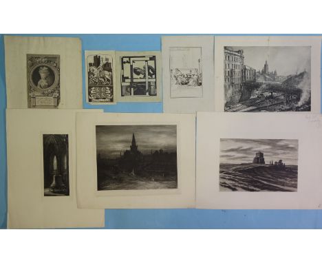 “Wartime Ruins, soldiers in a bunker”, black and white lithograph, unsigned; 52x38cm; together with a further First World War