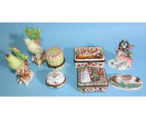 Two Naples porcelain moulded gilt-metal-mounted snuff boxes, two other patch boxes, together with two Continental porcelain c