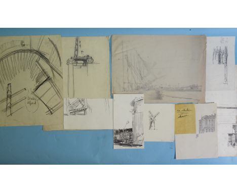 “New College Oxford”, inscribed pencil drawing, unfinished study 28x39cm; together with studies of windmills, black ink on tr