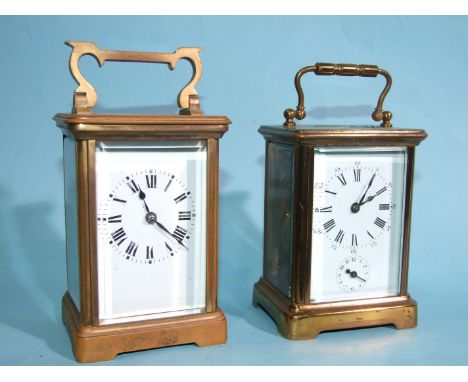 A 19th century French brass carriage clock, the dial with Roman numerals, the movement striking on a gong, 15cm high overall,