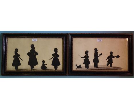 A pair of 19th century silhouettes, family groups, the first depicting a central female figure surrounded by three young girl