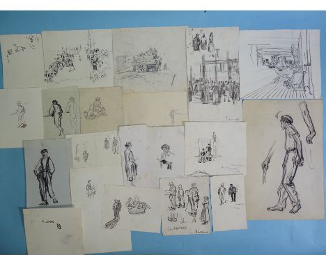 “Figures seated on deck chairs”, pencil drawing, unfinished study, 16.5x19cm; together with nineteen further figurative subje