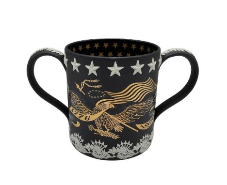 Limited edition jasperware two-handled cup commemorating the bicentennial in 1976 of American Independence. With white sprigg
