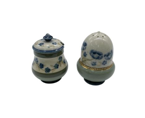 Early Florian Ware. Includes a tiny covered mustard jar decorated in the garland of blue four-petal flowers, and an acorn-sha