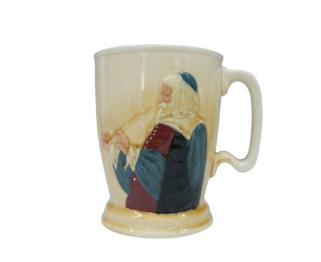 Unique light-colored Queensware tankard/mug featuring an old scholar smoking a pipe. Scholar is dressed in light blue and mar