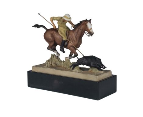 Modeled by Doris Lindners. Hand decorated scene of a hunter on a horse chasing a wild warthog with a spear. Royal Worcester b