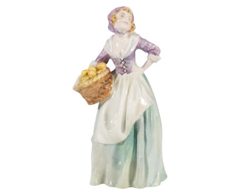 Hand painted figure in a pale green skirt, white apron, and a lavender blouse and bonnet. Royal Doulton backstamp. Artist: Le