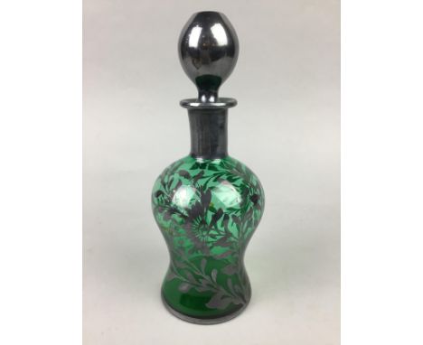 20TH CENTURY GREEN GLASS DECANTER WITH STOPPER, along with portrait miniatures