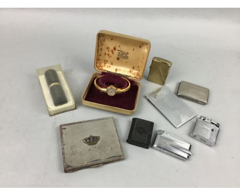 EARLY 20TH CENTURY LADY'S ART DECO STYLE WRIST WATCH, on bangle strap, in box, along with other items including lighters and 