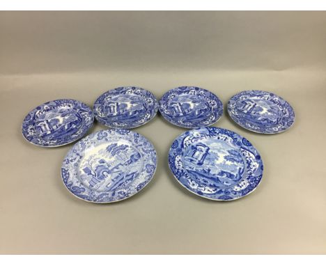 COLLECTION OF BLUE AND WHITE SPODE PLATES, along with other ceramics including a Staffordshire ewer, two jugs, three stonewar