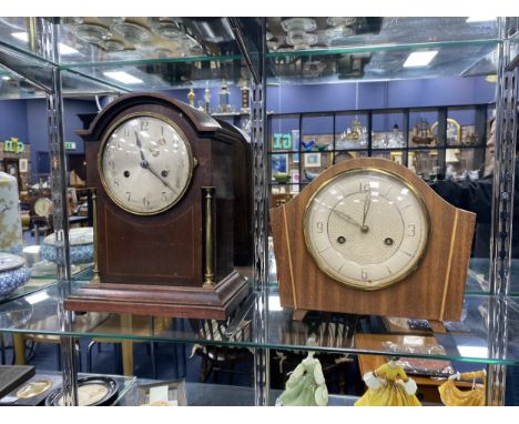 INLAID MAHOGANY MANTEL CLOCK, inset with brass pillars, 32cm high, along with a Bentima oak cased mantel clock (2)