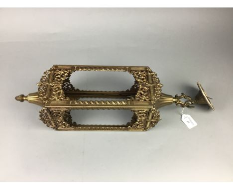 EARLY 20TH CENTURY BRASS HALL LANTERN, with amber glass panes