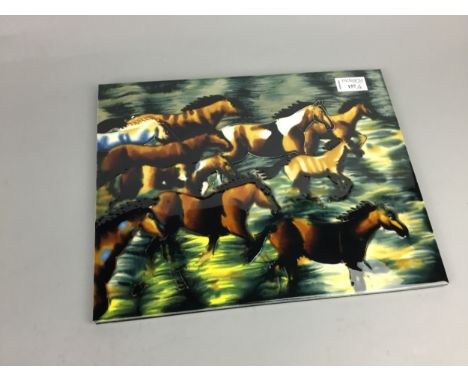 CERAMIC WALL HANGING TILE, depicting a horse, along with five prints (6)