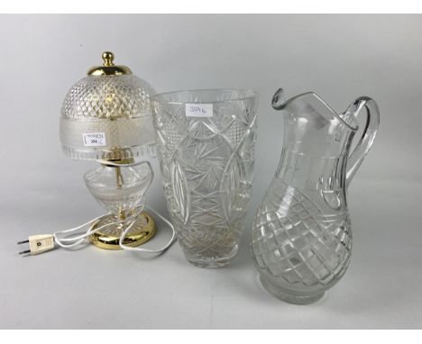 CRYSTAL TABLE LAMP, along with three crystal vases, crystal jug and a dish (6)