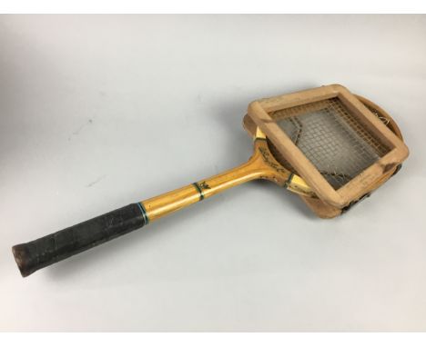 VINTAGE DUNLOP TENNIS RACKET, along with a tin case and a copper samovar