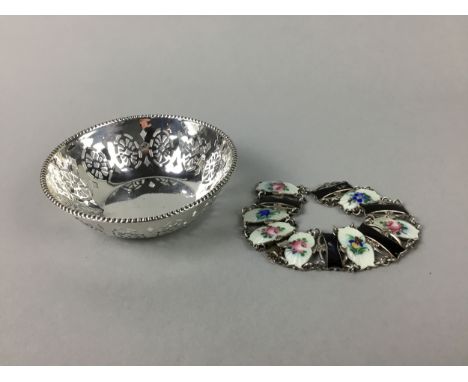 SILVER BONBON DISH, along with a silver and enamel bracelet, two lighters, a portrait miniature, and a silver pickle fork
