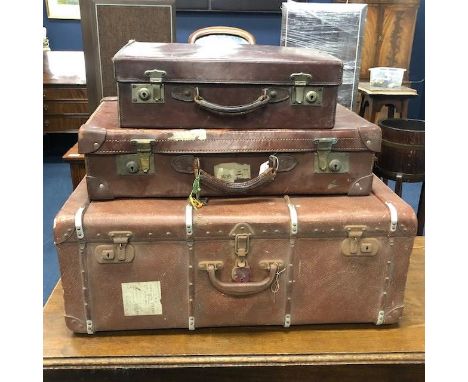 VINTAGE LEATHER TRAVEL TRUNK, along with two suitcases (3)
