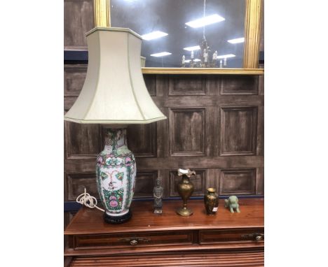 20TH CENTURY CHINESE VASE LAMP, on stand, 74cm high overall, along with a cloisonne vase, brass vase, a composite figure of a