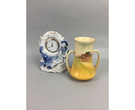 ROYAL DOULTON TWIN HANDLED VASE, decorated with a rural scene, 16cm high, along with blue and white and other ceramics, inclu