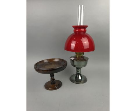 BRASS AND METAL OIL LAMP, along with various wood items, including bookends and bowls