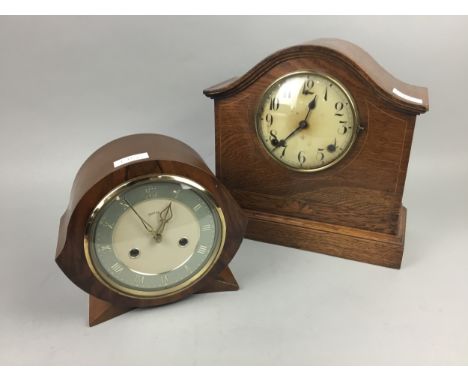 OAK CASED MANTEL CLOCK, 30cm high, along with an Art Deco style mantel clock (2)