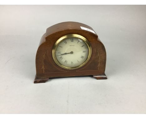EDWARDIAN INLAID MAHOGANY 8 DAY MANTEL CLOCK, 22cm wide