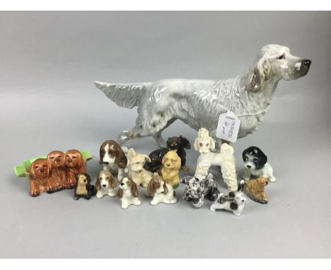 BESWICK FIGURE OF AN ENGLISH SETTER, modelled on all fours, 32cm long, along with an elf table lamp with Beatrix Potter shade