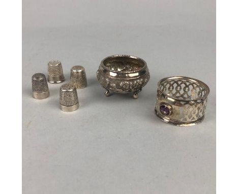 TWO CHARLES HORNER SILVER THIMBLES, along with two other thimbles, a silver napkin ring and an Indian white metal open salt