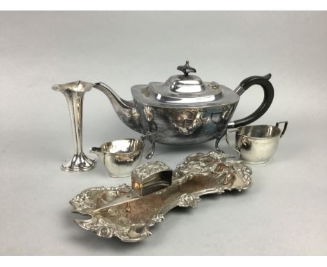 LOT OF SILVER PLATED AND BRASS WARE, including a fire snuffer, a teapot, cream and sugar, a Solifleur vase and a circular bra