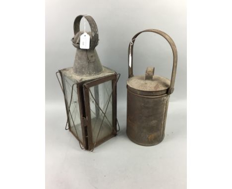 PAIR OF EARLY 20TH CENTURY TIN COACH LAMPS, each 54cm high, along with a lantern and a pail (4)