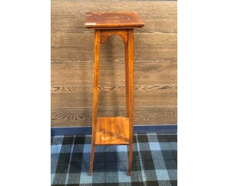 MAHOGANY PLANT TABLE, 99cm high, along with an oak planter (2)