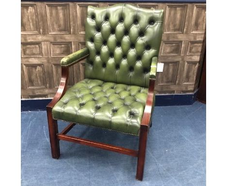 20TH CENTURY BUTTON BACK GREEN LEATHER OPEN ELBOW CHAIR, 71cm wide